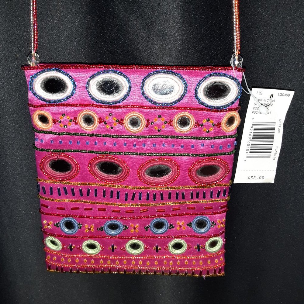 Crossbody Fuchsia w/Sm Mirrors&Beaded Strap Purse